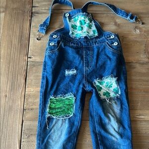 Green and Blue Patchwork Denim Overalls with Distressed Details